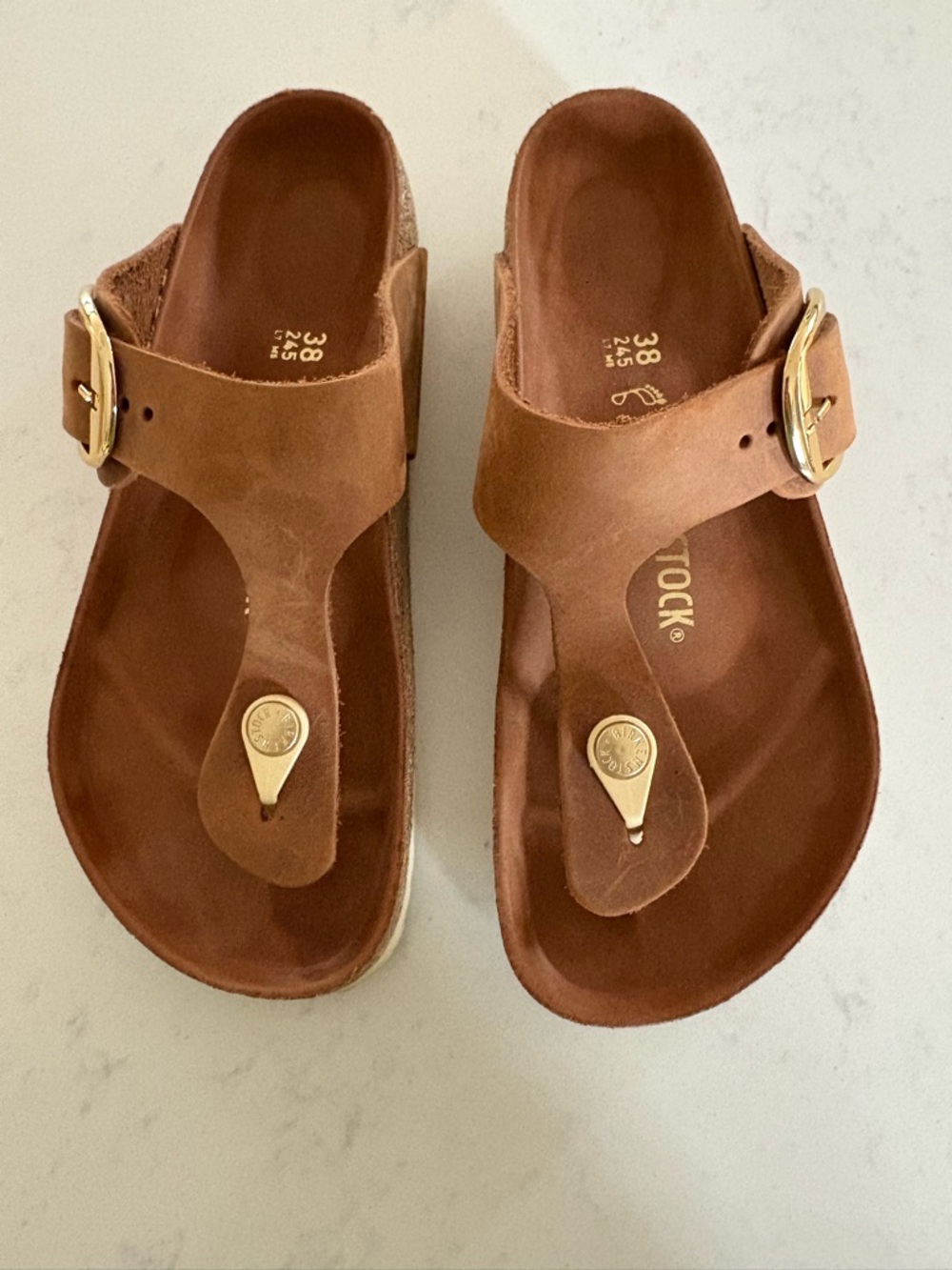 Birkenstock Brown Leather Thong Sandals with Gold Accents